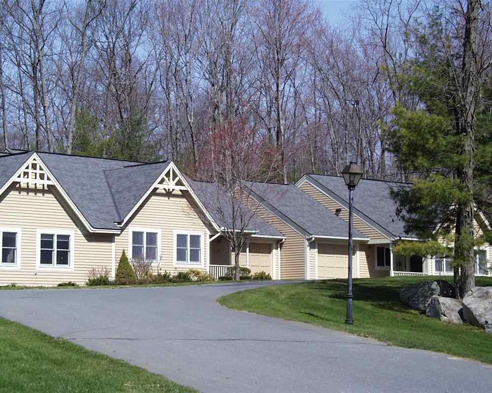 A suburban cottage-style home with a driveway surrounded by trees.