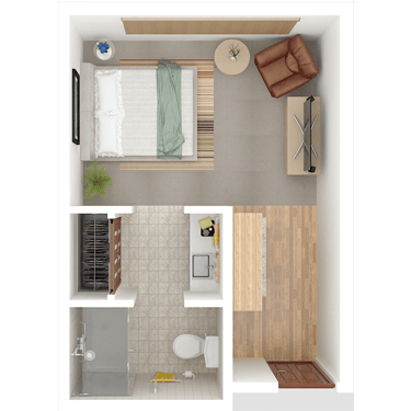 A compact floor plan featuring a bedroom, bathroom, and living area with furnishings.