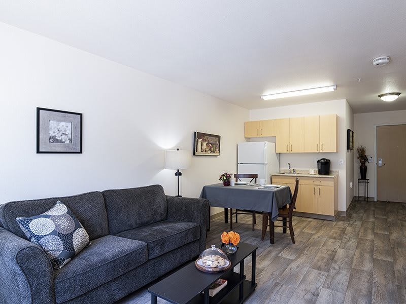 A modern apartment living room with a cozy sofa and a small kitchen area.
