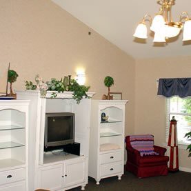 A cozy living room featuring white furniture, a television, and decorative plants.