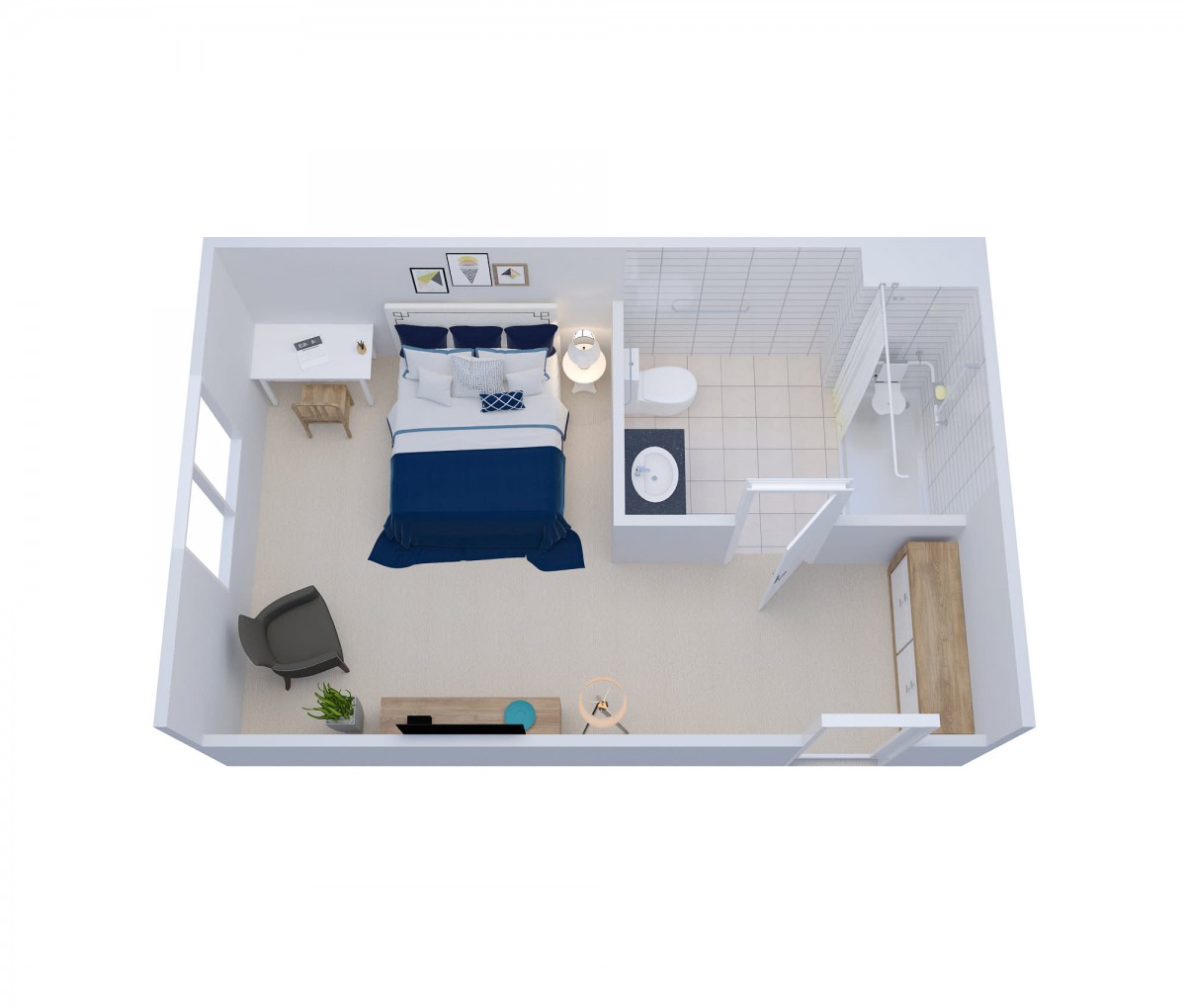 A minimalist studio apartment floor plan with a bedroom, desk area, and bathroom.