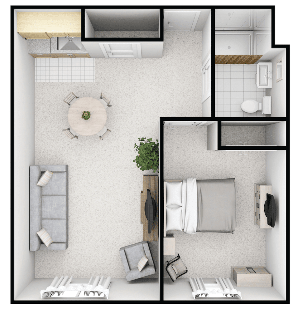 A 3D floor plan of a compact one-bedroom apartment with a kitchen, living room, and bathroom.