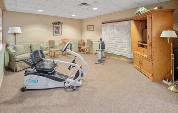 A small exercise room featuring a stationary bike and other fitness equipment, with chairs and a television for relaxation.
