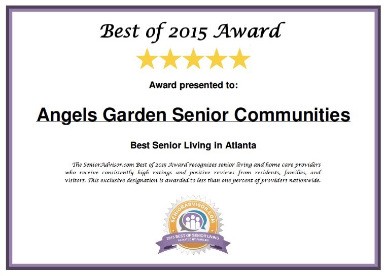 Certificate for Angels Garden Senior Community, awarded 'Best Senior Living in Atlanta' in 2015.