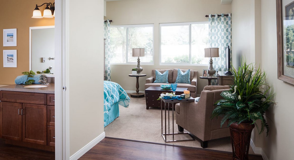 A cozy living space combining a bedroom and sitting area with decorative accents.