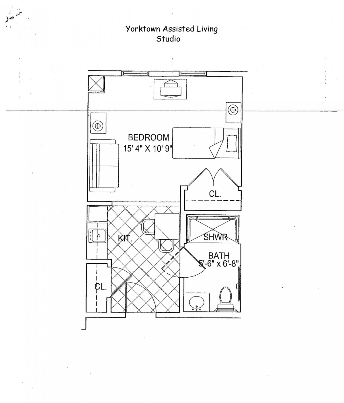 This image shows the floor plan of a studio apartment with designated areas for a bedroom, living space, bathroom, and closet.