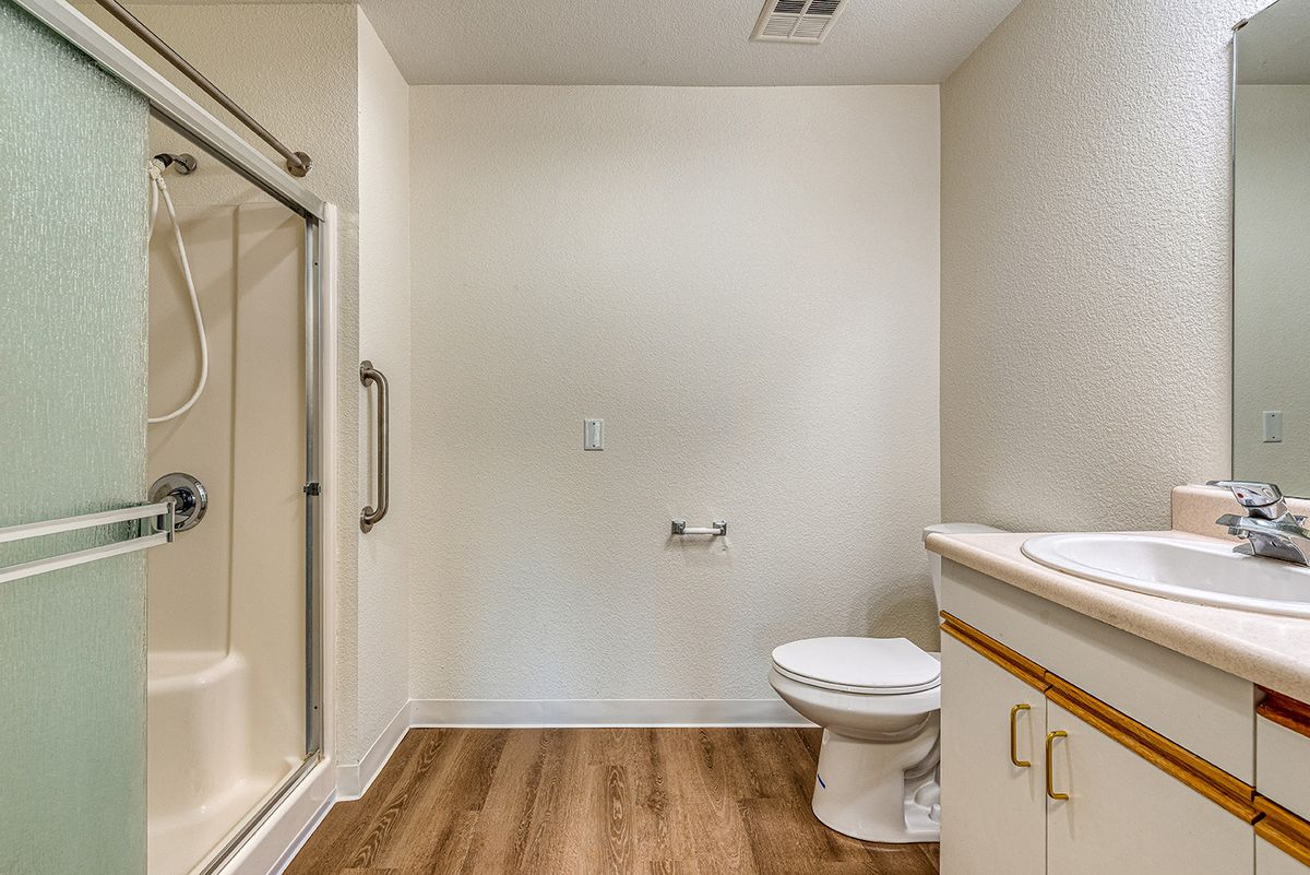 A modern bathroom with a wooden floor, featuring a shower, toilet, and sink.