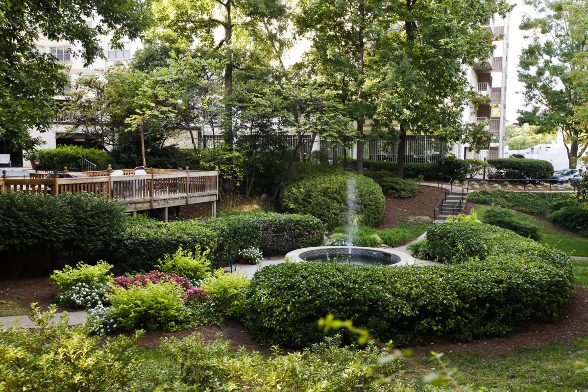 A serene garden with a fountain surrounded by lush greenery and trees.