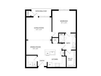 A floor plan of a one-bedroom apartment featuring a living room, kitchen, bathroom, and storage area.