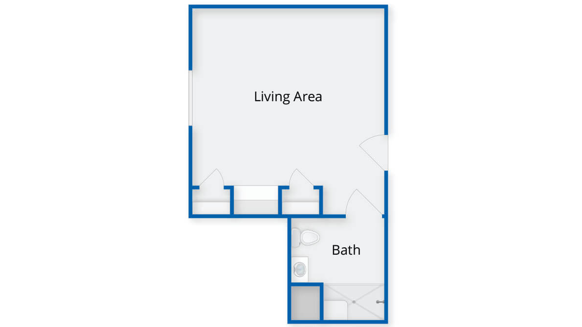 A simple floor plan showing a living area and a bathroom.