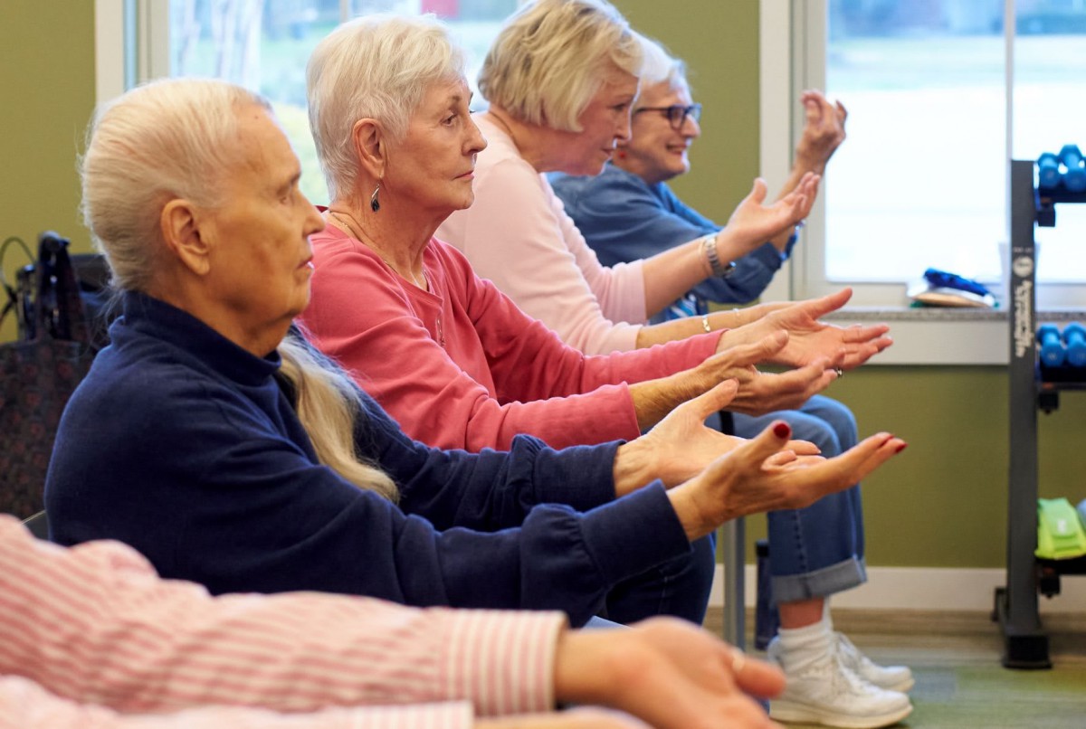 A group of seniors participating in a seated exercise class, focusing on wellness and fitness.