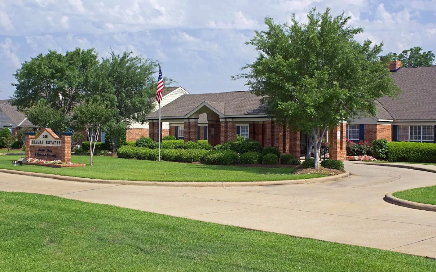 A suburban brick house with a well-maintained lawn and trees, featuring an American flag and a driveway.