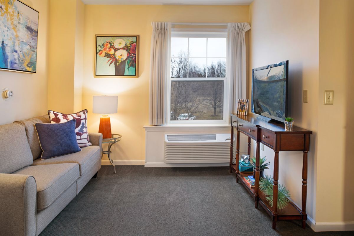 A cozy living room with a comfortable sofa, television, and decorative elements like pillows, a lamp, and artwork.
