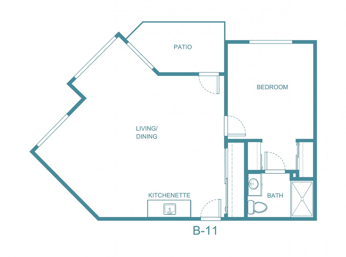 A blueprint of an apartment layout including a living/dining area, kitchenette, patio, bedroom, and bathroom.