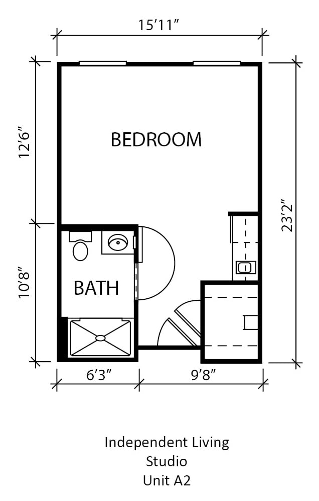 A floor plan featuring a bedroom and bathroom layout.