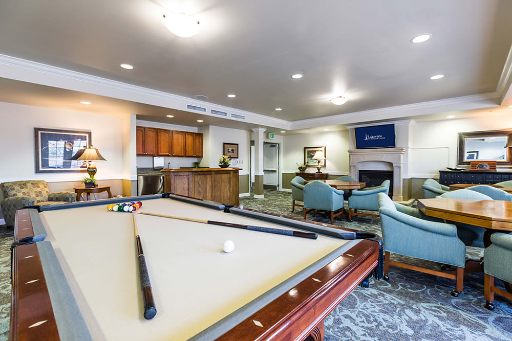 A cozy lounge area featuring a pool table and comfortable seating with a television.