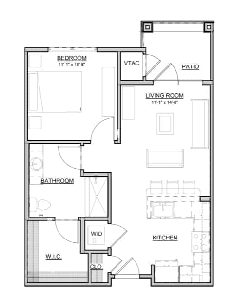 Architectural floor plan of a two-bedroom apartment.