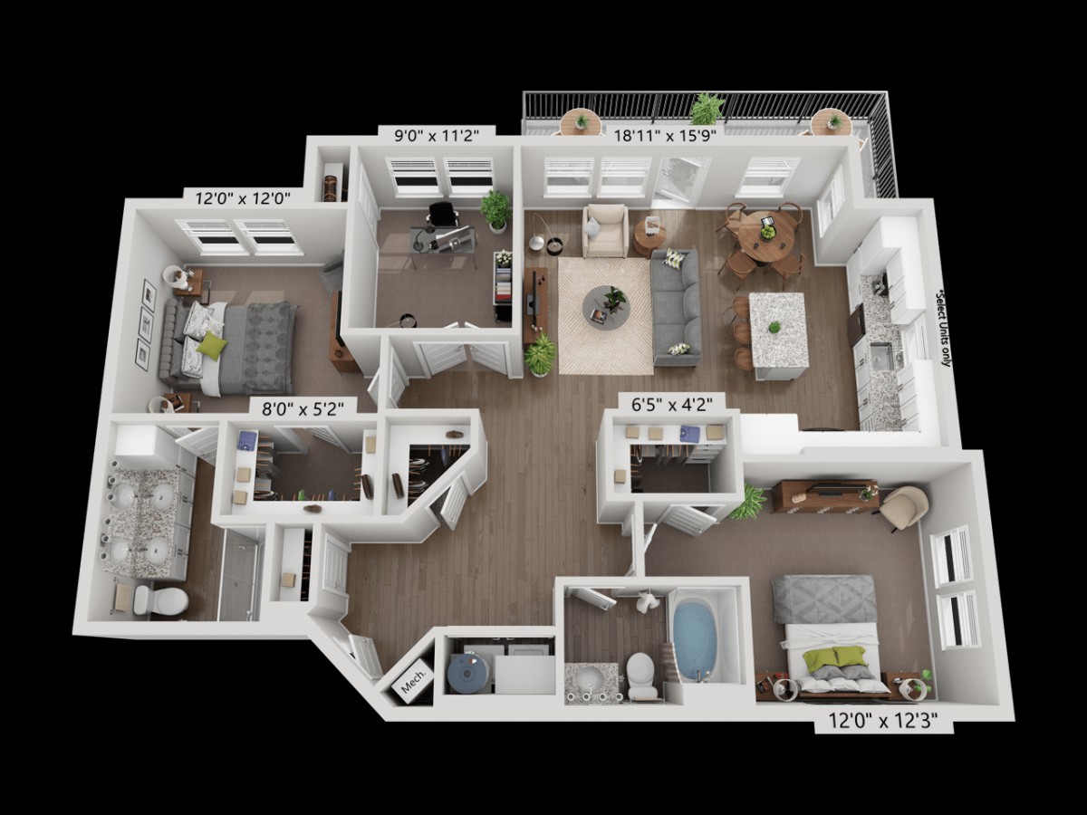 A 3D rendered floor plan of a modern apartment featuring multiple rooms, including bedrooms, a living area, and a kitchen.