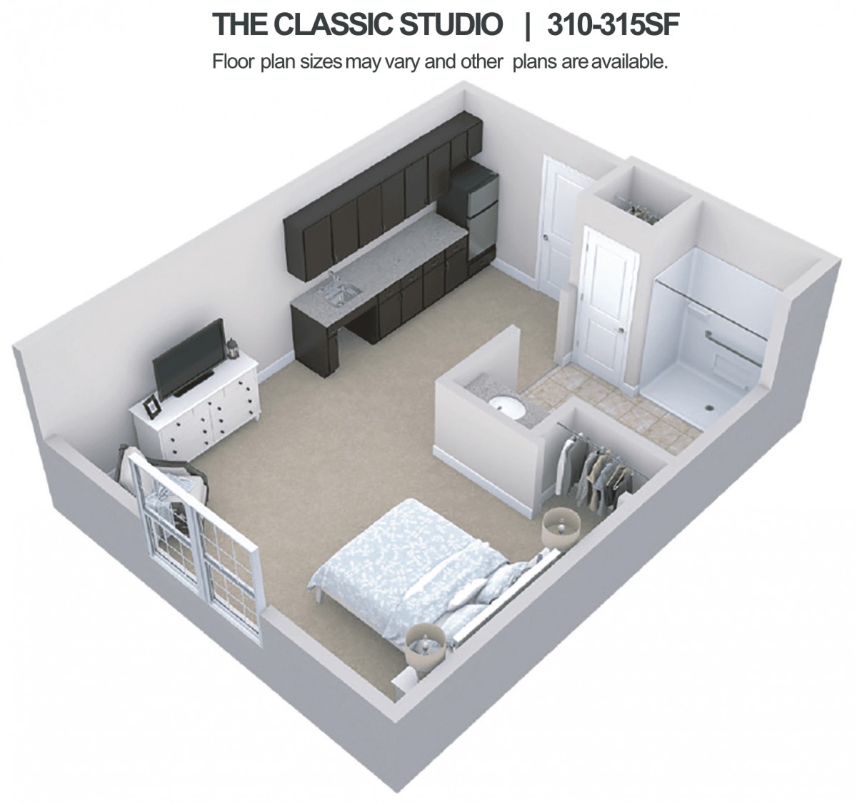 3D floor plan of a classic studio apartment with integrated living, sleeping, and kitchen areas.