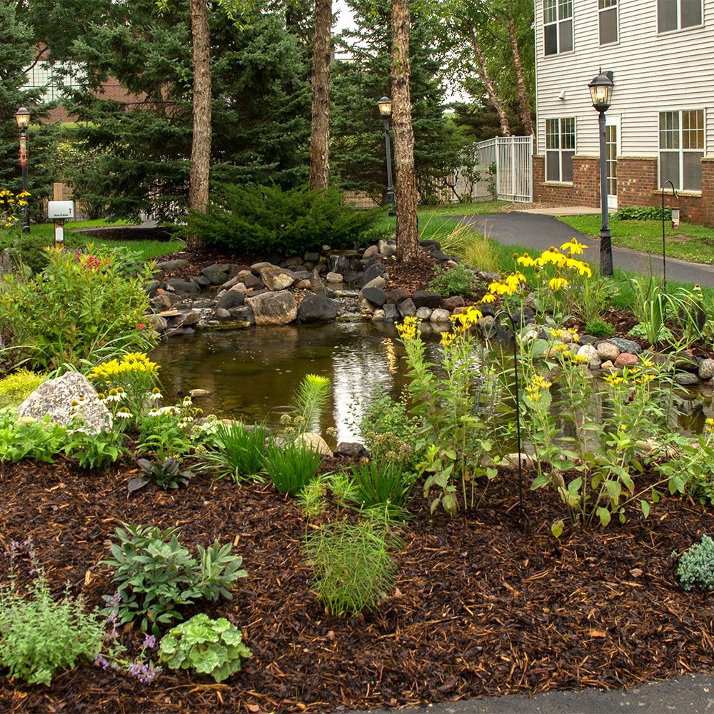 A beautifully landscaped garden with a pond and various plants and flowers.