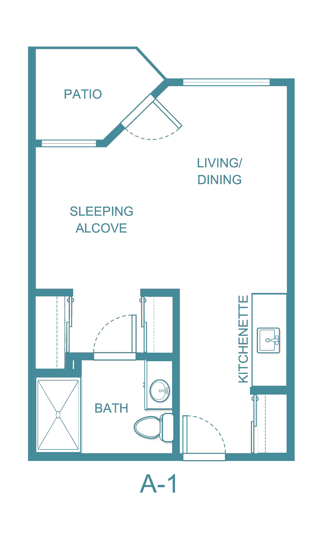 Studio apartment floor plan with a sleeping alcove and living/dining area.