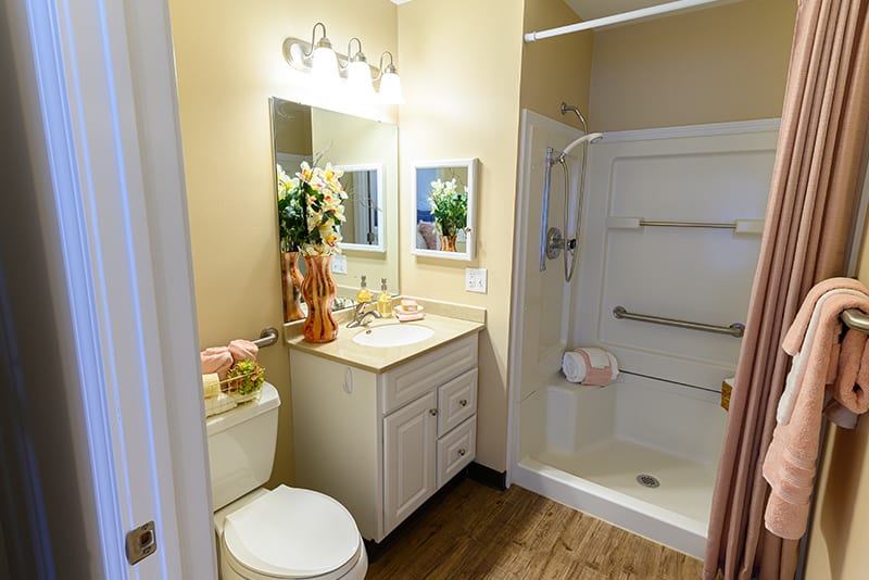 A well-lit bathroom with a vanity, sink, and shower area.
