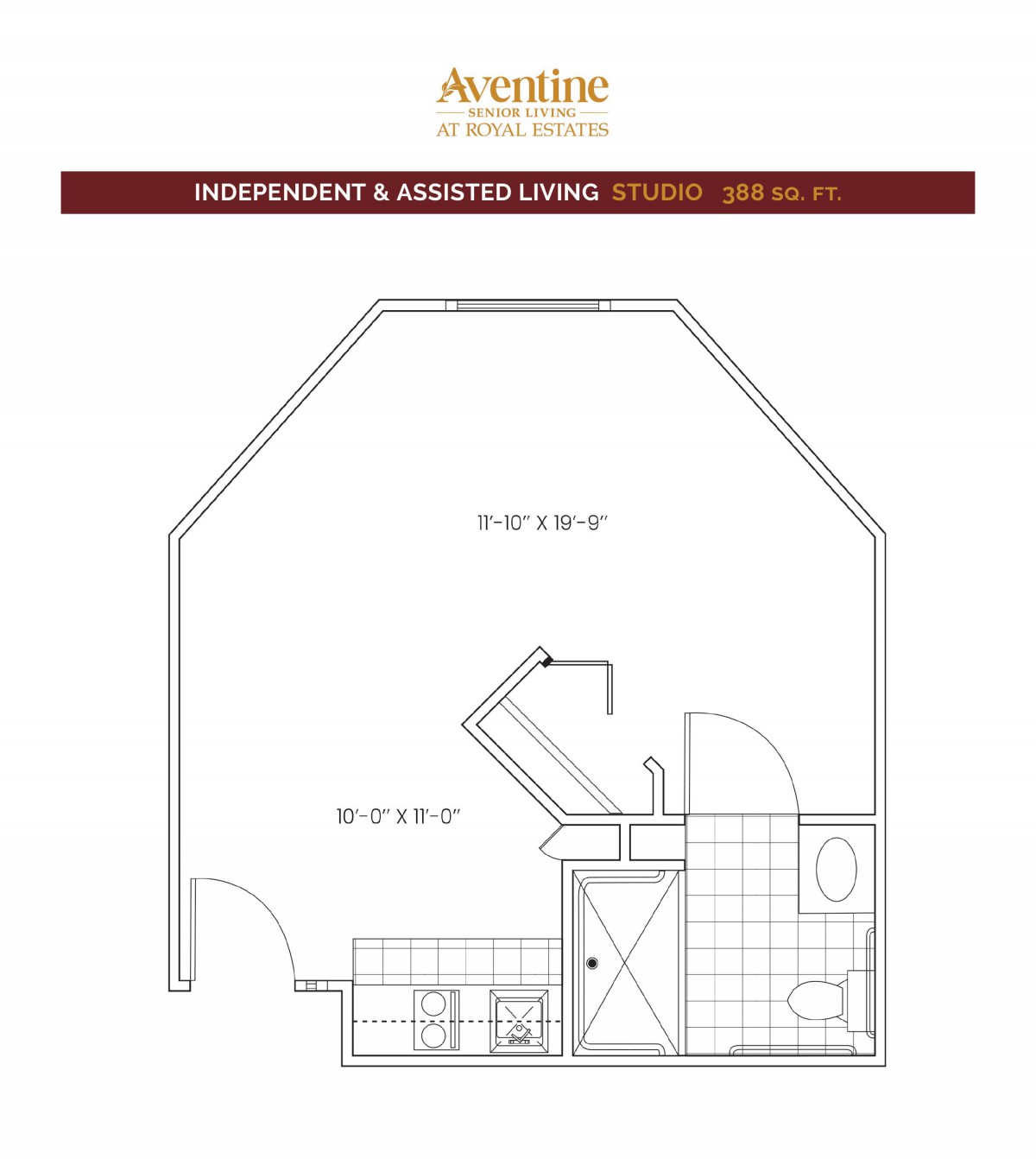 Floor plan for an independent and assisted living studio apartment.