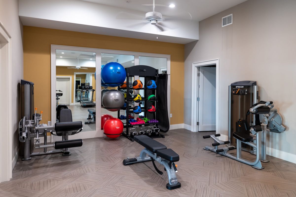 A well-equipped gym room featuring a bench, exercise balls, and various workout equipment.
