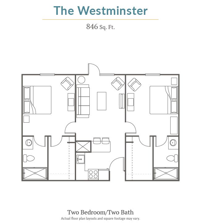 The Westminster - 886 sq. ft. apartment floor plan with two bedrooms and bathrooms.