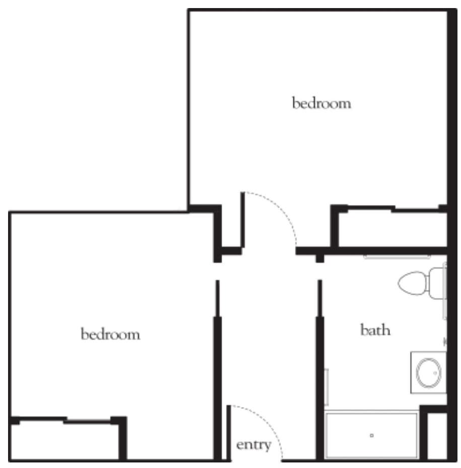 A simple floor plan of a two-bedroom apartment with a bathroom.