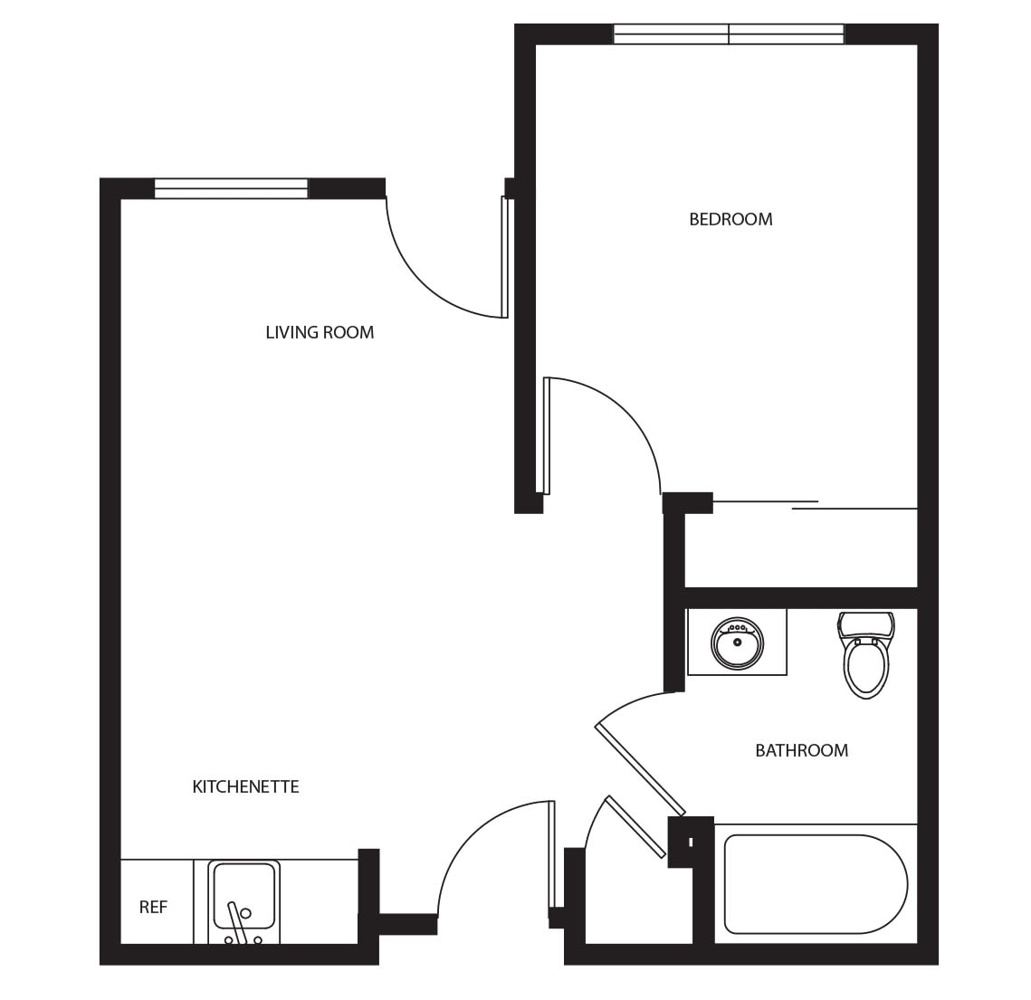 A simple floor plan of a one-bedroom apartment featuring a living room, kitchen area, and bathroom.