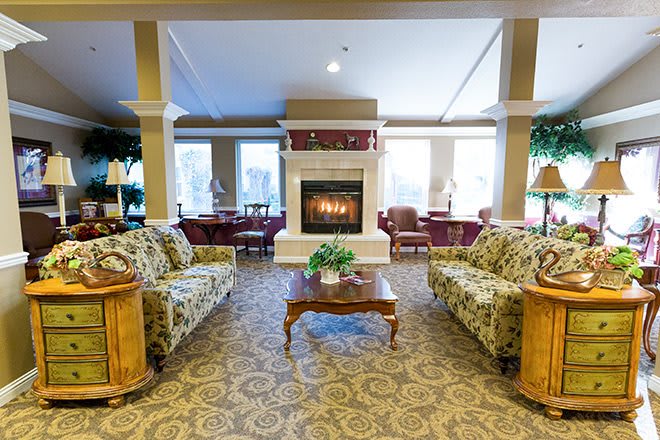 A cozy living room with a central fireplace, surrounded by patterned sofas and wooden furniture.