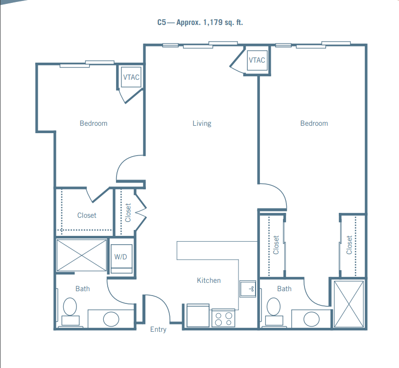 A floor plan of a two-bedroom apartment with labeled rooms and dimensions.