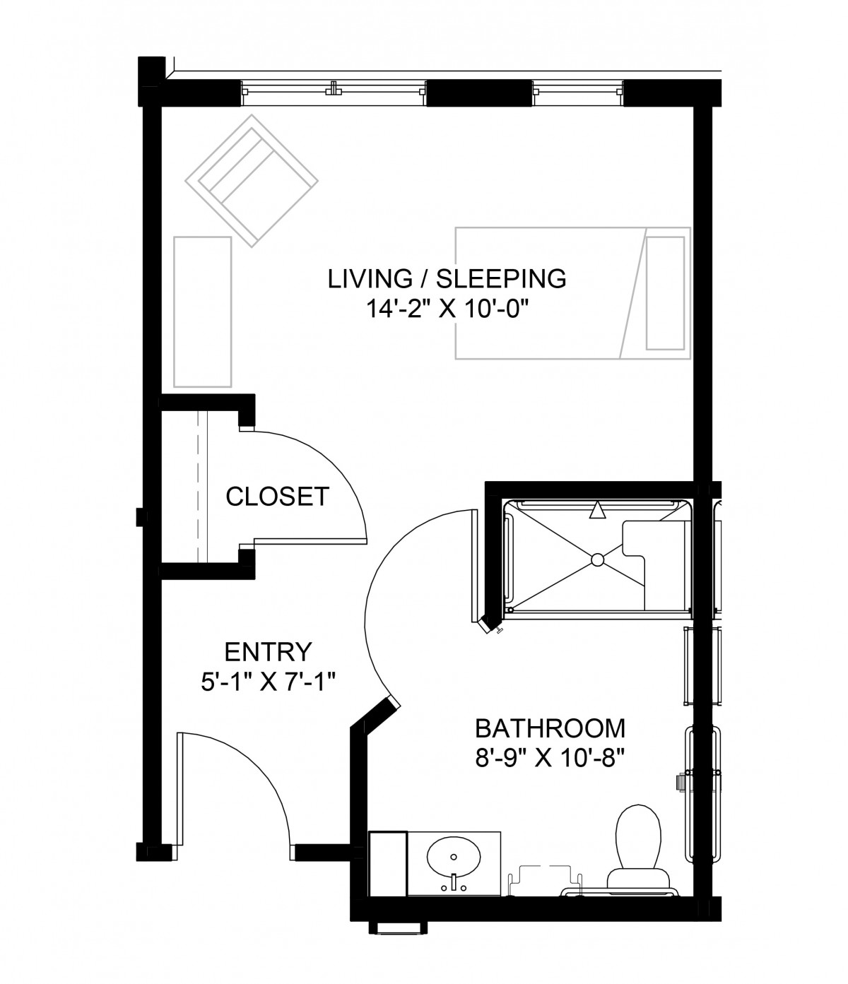 A floor plan of a studio apartment showing the layout of living/sleeping area, entryway, closet, and bathroom.