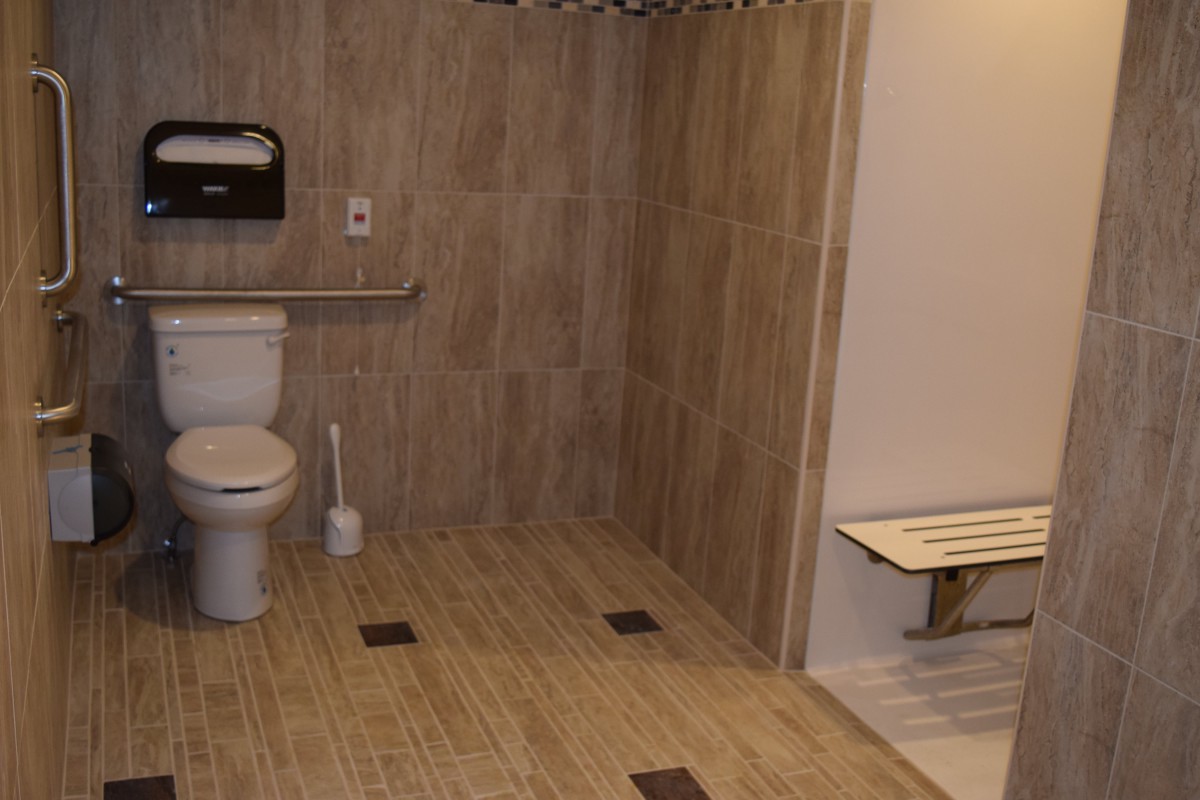 An accessible bathroom featuring a toilet, grab bars, and a shower bench.