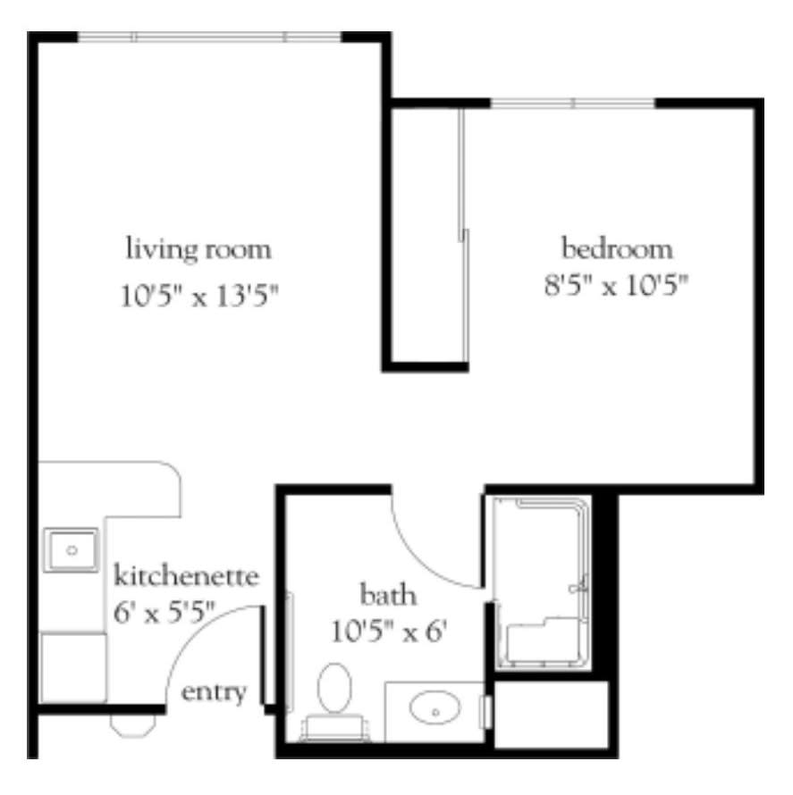 A simple one-bedroom apartment floor plan with a living room, kitchenette, and bathroom.