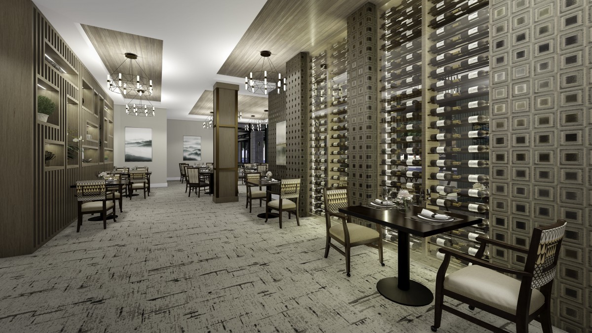 A modern restaurant interior featuring an elegant wine cellar display with tables and chairs arranged for dining.