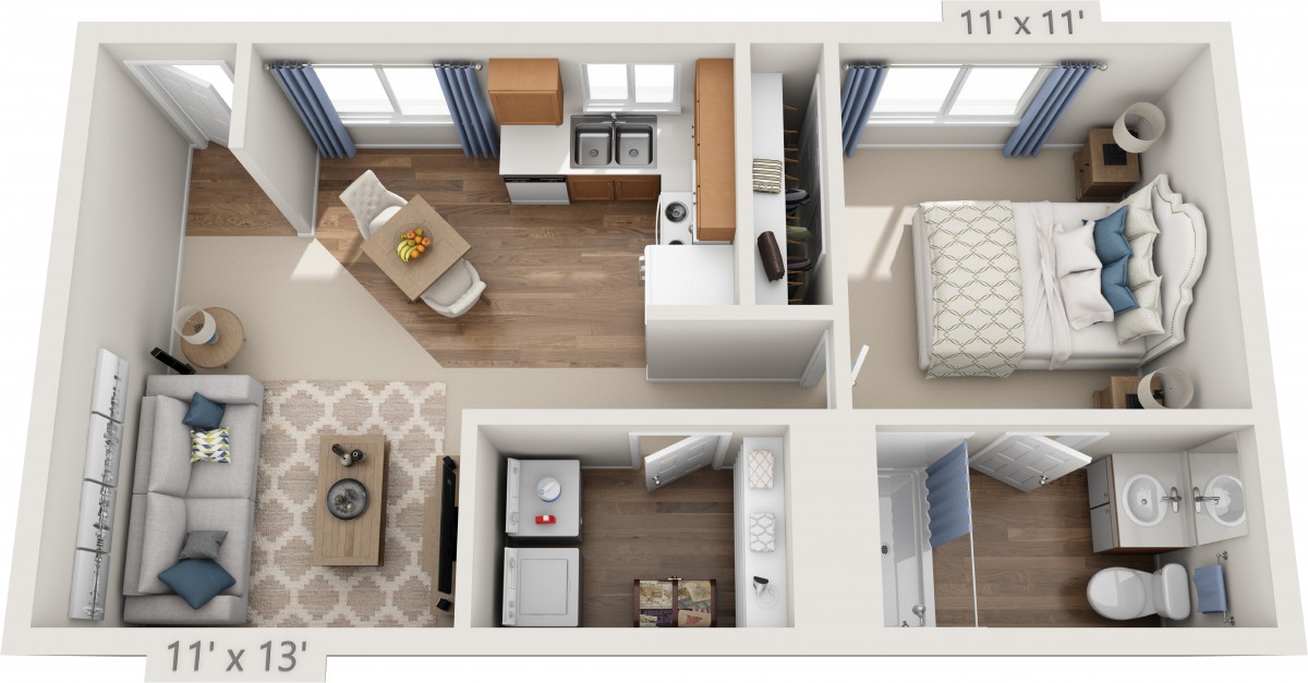 An aerial view of a modern apartment floor plan featuring a kitchen, bedroom, and living room.