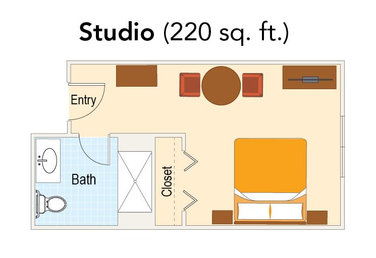 A floor plan of a studio apartment measuring 220 square feet.