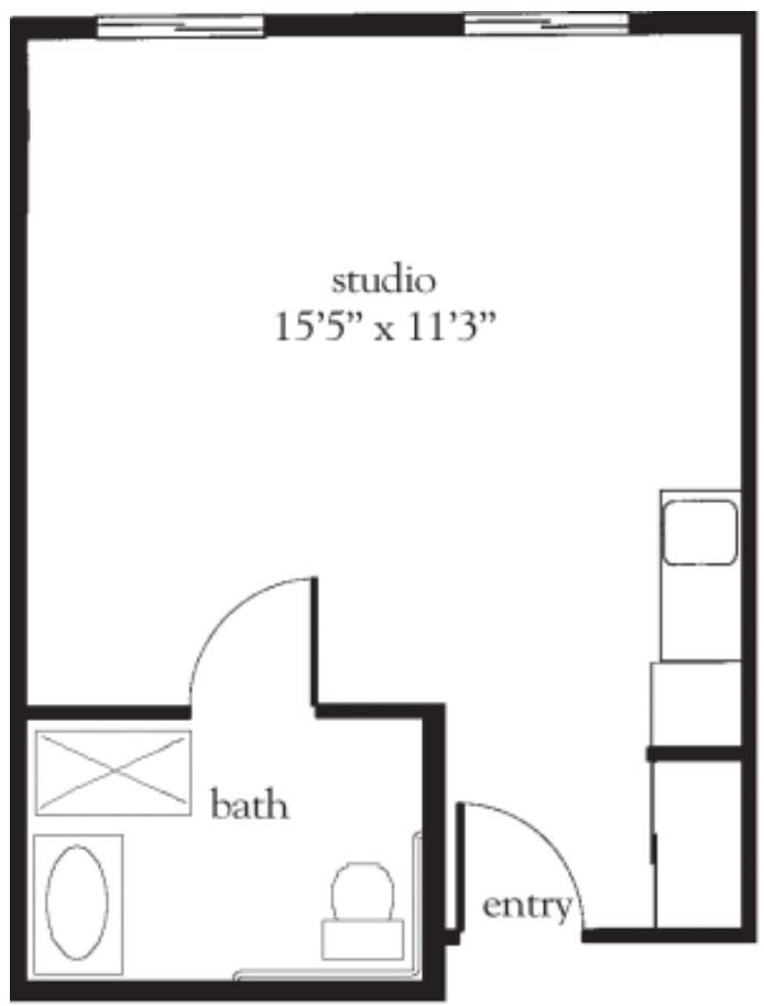 Studio apartment floor plan with a bathroom and kitchen area.