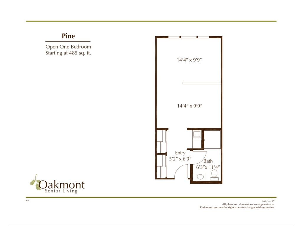 Floor plan of a studio apartment at Oakmont, showing room dimensions and layout.
