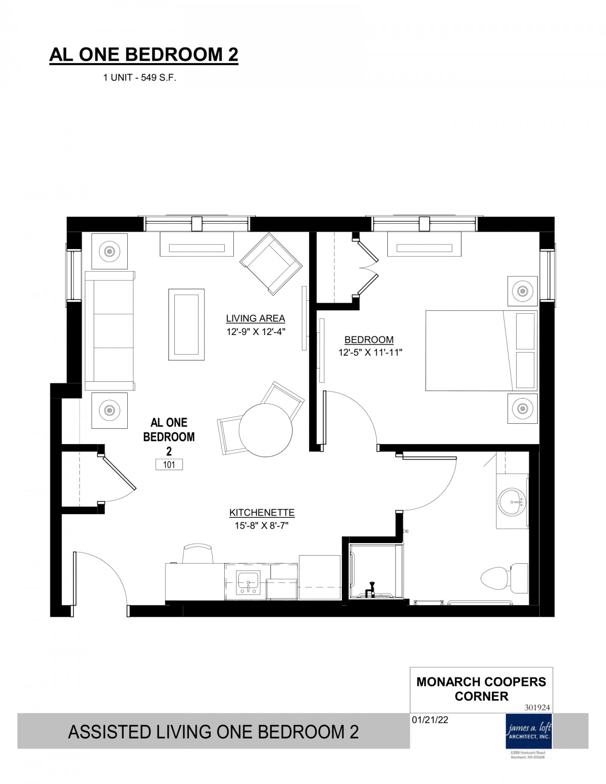 A detailed floor plan of a one-bedroom apartment, showcasing the layout of the living room, kitchen, and bedroom areas.