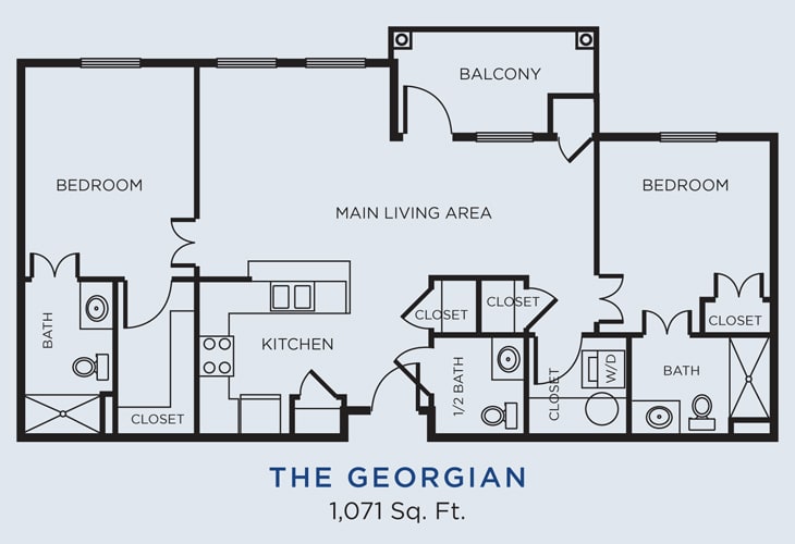 Floor plan of 'The Georgian' apartment, featuring a main living area, kitchen, bedroom, bathroom, and balcony with a total area of 1071 square feet.