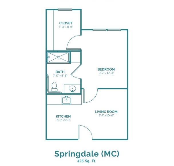A floor plan of the Springdale model, featuring a one-bedroom layout with kitchen, living room, bathroom, and closet.