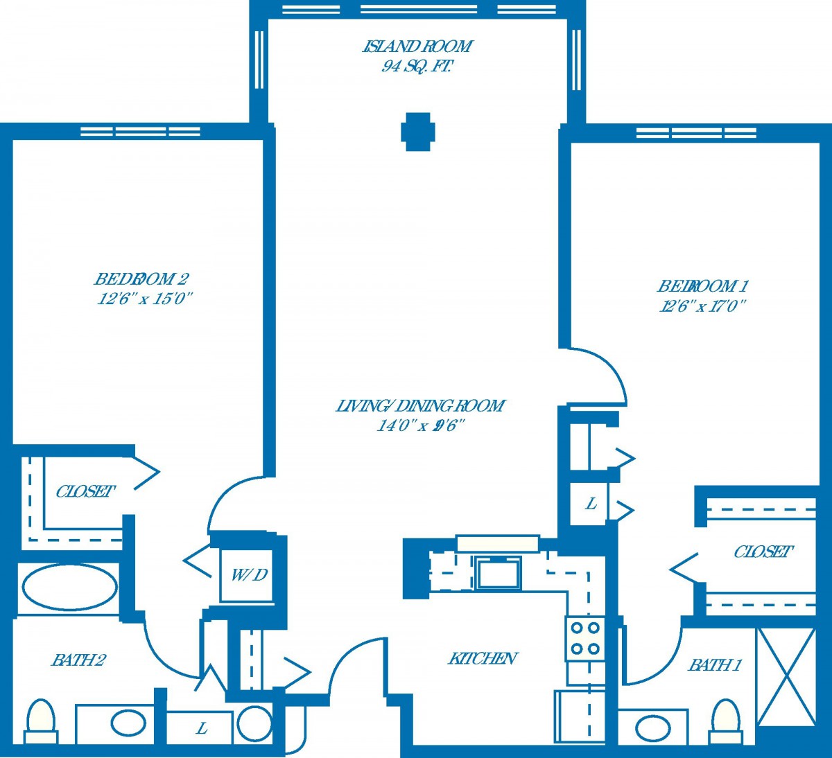 Floor plan of a two-bedroom apartment with room dimensions labeled.