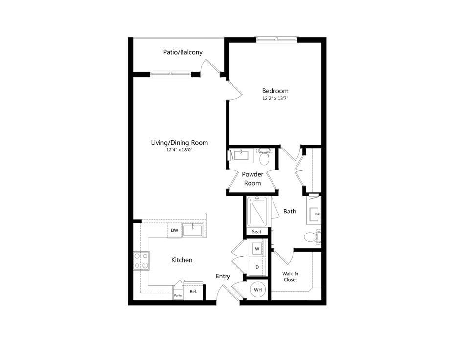 A detailed floor plan of a one-bedroom apartment featuring a kitchen, living/dining area, bathroom, and patio balcony.