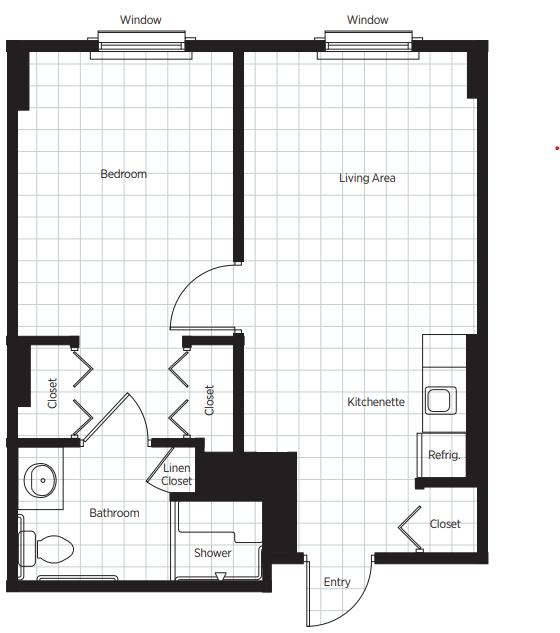A floor plan of a one-bedroom apartment featuring a living area, kitchen, and bathroom.