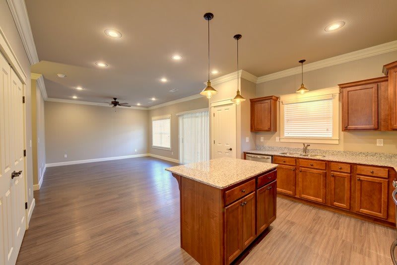 Open concept kitchen and living area with hardwood floors and modern lighting.