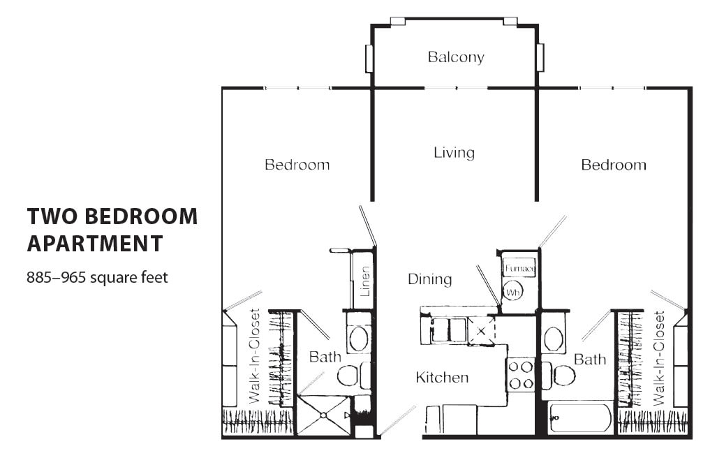 A blueprint of a one-bedroom apartment with designated areas for the bedroom, living room, kitchen, dining area, and bathroom.