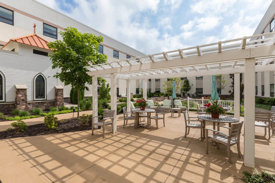 A sunny courtyard with a pergola, featuring outdoor seating and lush greenery.